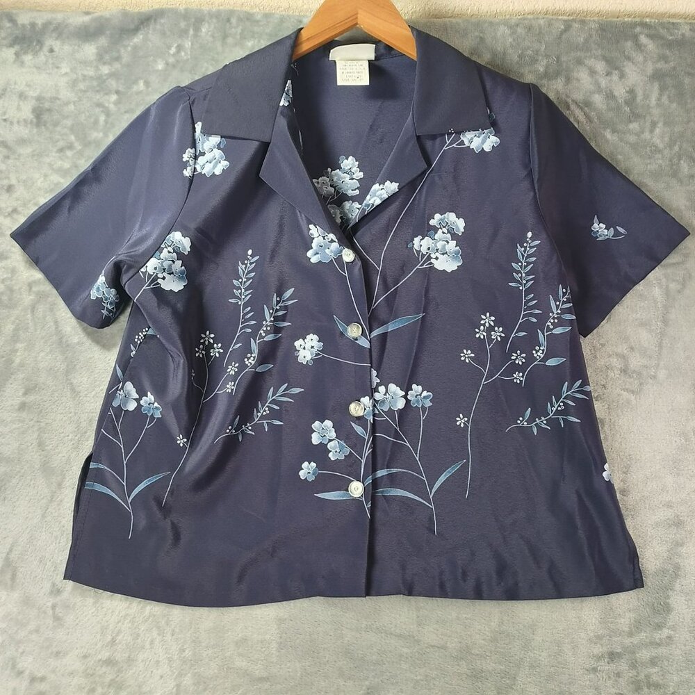 Two Twenty Womens Navy Floral Button‎ Up Top S Petite Made in USA Garden Vibes